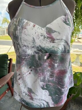 Fabletics Marble-Print Mesh Yoke Camisole in White, Green & Pink